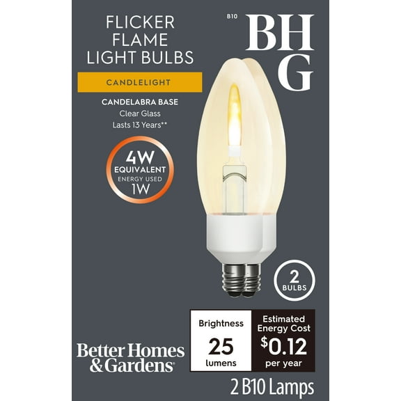 Better Homes & Gardens B10 Decorative LED Flicker Flame Light Bulb, E12 Candelabra Base (2 Pack)