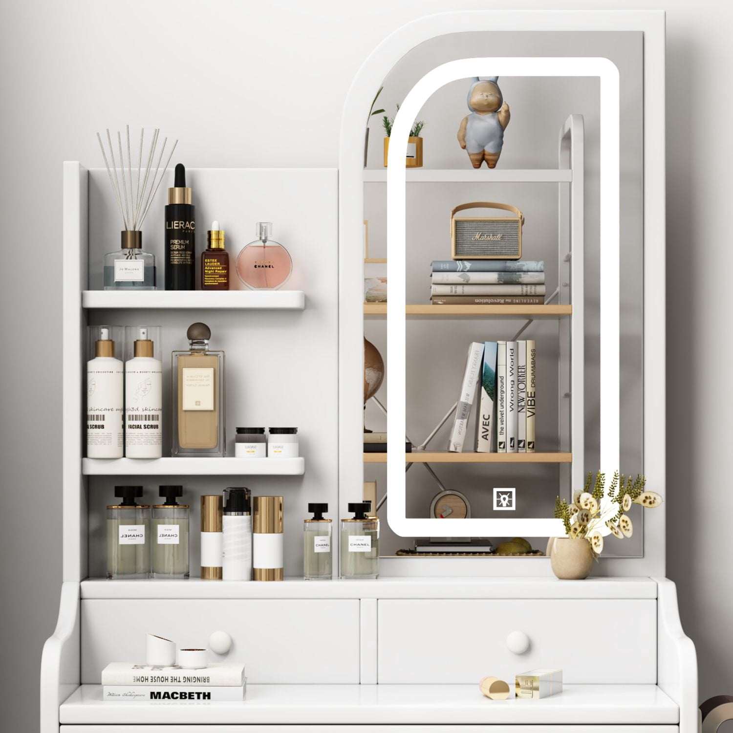 Asteroutdoor Vanity Desk with Mirror and Lights for Makeup with Hair Dryer Holder and Chair, 3 Color Lighting Brightness Adjustable, 3 Drawers, White