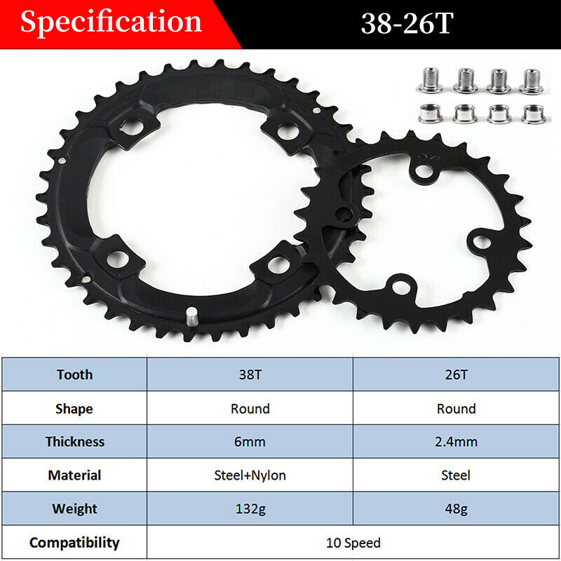 BUCKLOS 64/104 BCD Bike Chainring Set, Steel CNC Alloy Double/Triple MTB Chainring 22T 24T 26T 32T 38T 42T 44T 4 Bolts Mountain Bicycle Chainrings fit 8 9 10 Speed Compatible - image 3 of 5