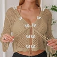 thumbnail image 2 of Tqyyweavej Bathing Suit Crochet Coverups for Women Hollow Out Print Tie Front Beach Cover Up Solid Color Long Sleeve Loose Swimsuit Cover Up, 2 of 7