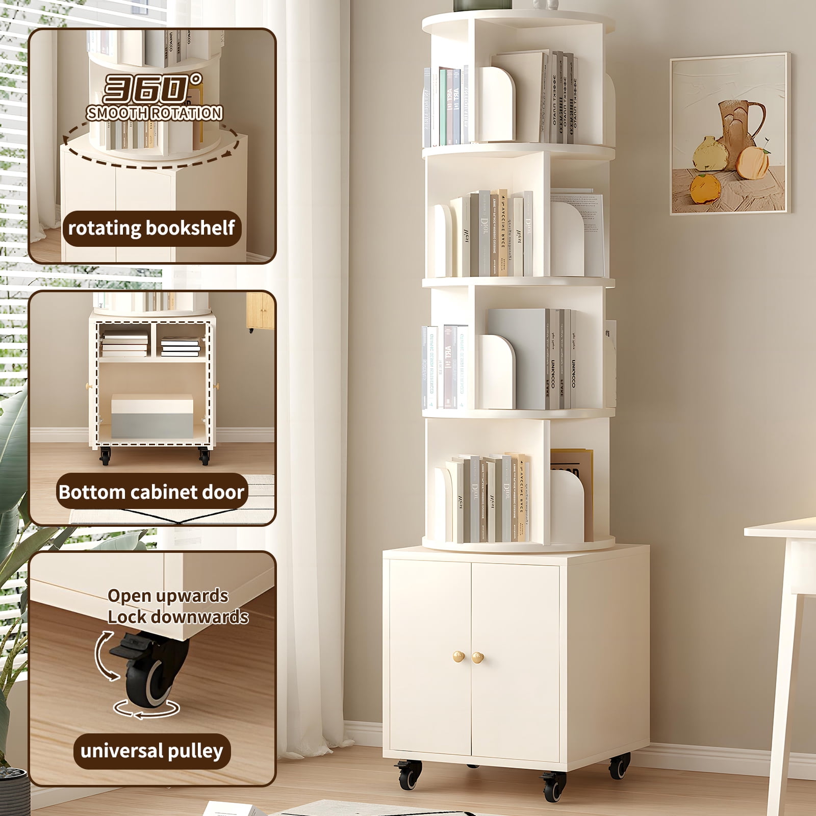 Rotating Bookshelf, 5 Tier Corner Bookcase with Storage Drawer and 360-Degree Rotation, Modern Design for Bedroom or Office, White Finish
