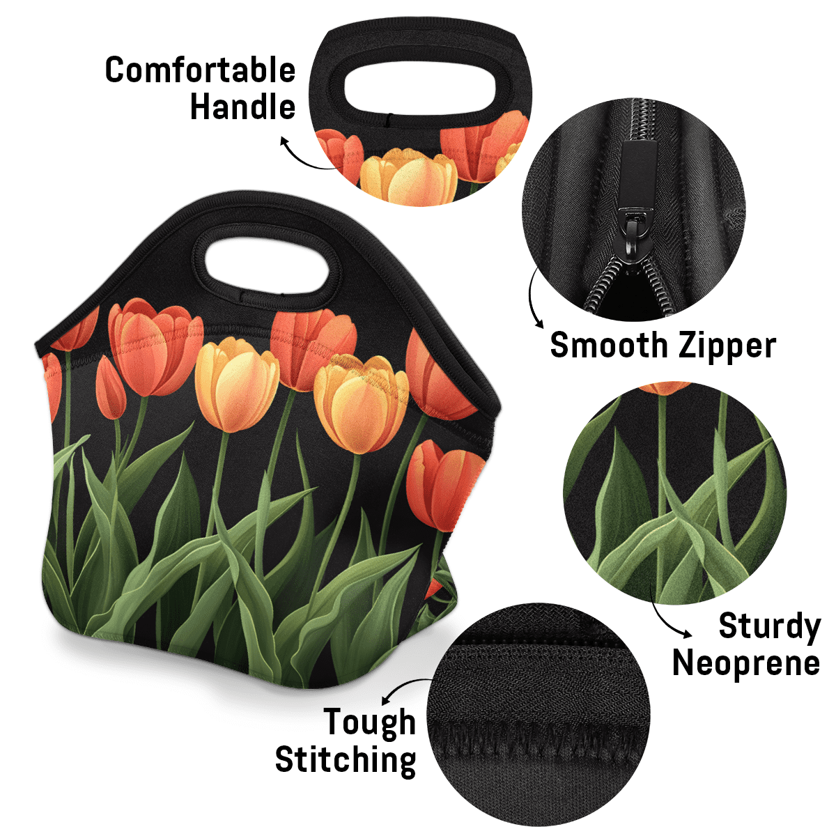 Herdesigns Floral Insulated Lunch Bag Neoprene Lunch Box for Women Men Soft Cooler Bag Tulip Flower Washable Lunch Tote for Work Outdoor Picnic