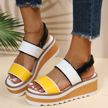 

HIBRO Women s Fashion Platform Wedge Heels Large Size Colorblock Roman Sandals