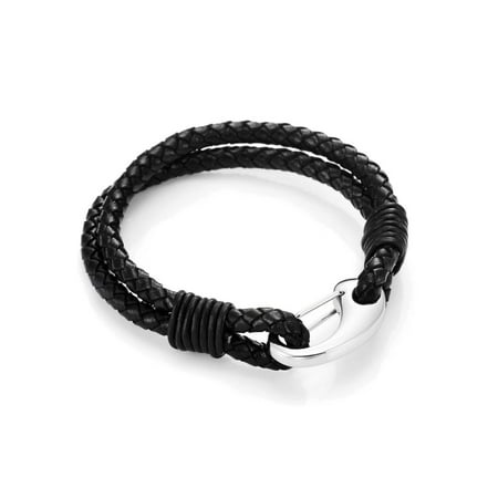 Braided Black Genuine Leather Bracelet with Locking Stainless Steel Clasp, Color Black Silver, Length 8"
