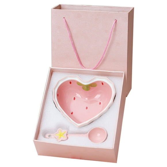 Verdant Touch Saladier à la fraise - Bol à dessert en céramique - Rose - Cuisson à haute température - Avec cuillère pour salade - 1 bol et 1 cuillère