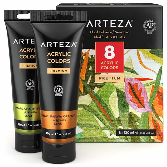 Arteza Metallic Acrylic Artist Paint, Multicolor, Set of 8, 120 mL