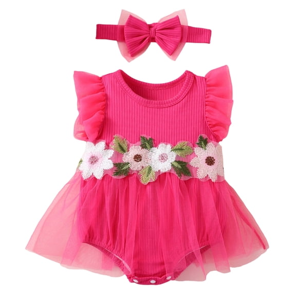 Wxirdiow Dresses for Baby Girls Newborn Baby Girl Summer Outfit Solid Ruffle Bubble Romper Shirt Flutter Sleeve Bodysuit Headband Clothes Hot Pink Size,9-12 Months