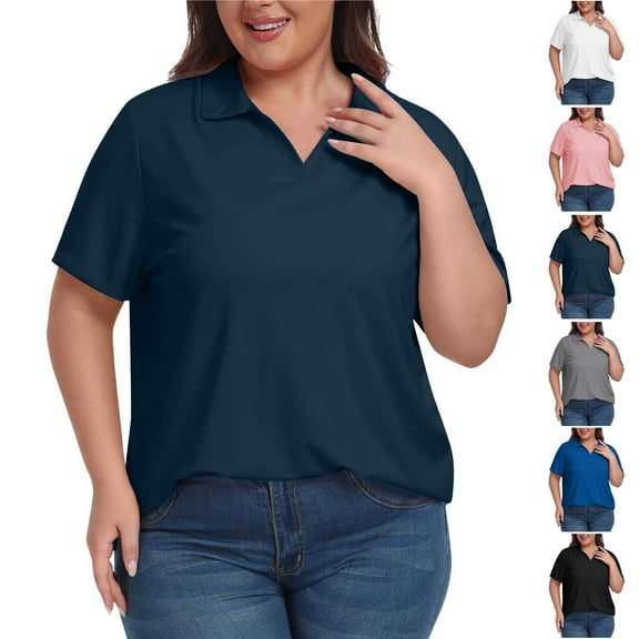 ZZwxWA Women's Plus Size Golf Shirts Loose Fit Short Sleeve V-Neck Tennis Workouts Tops, L-5XL