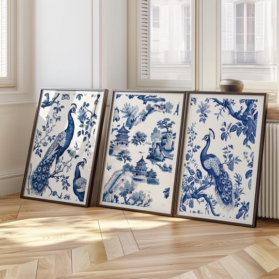 Chinoiserie Wall Art French Country Decor Vintage Landscape Navy Blue Chinese Landscape Set 3 Unframed Paper Print 8x12