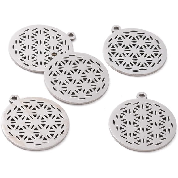 5Pcs Flower of Life Charms 22x19.5x1mm 201 Stainless Steel Laser Cut Sacred Geometry Pendants Metal Flat Round With Flower of Life Pendants 1.4mm Hole Ideal for Jewelry Making and Craft Projects