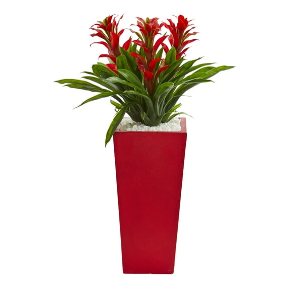 Nearly Natural 26" Plastic and Polyester Triple Bromeliad Artificial Plant in Red Planter, Red