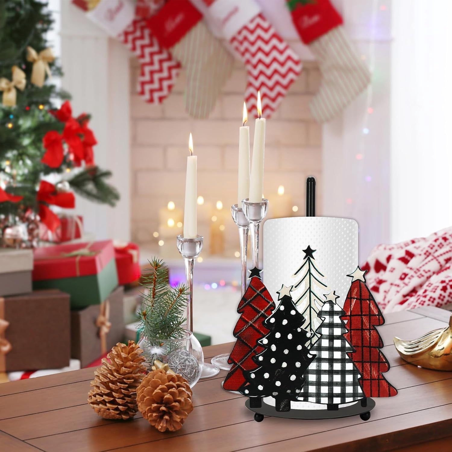 BAN Christmas Paper Towel Holder Waterclor Buffalo Plaid Xmas Tree Kitchen Decor Accessories Large Metal Towel Holder Stand for Winter Home Bathroom Countertop