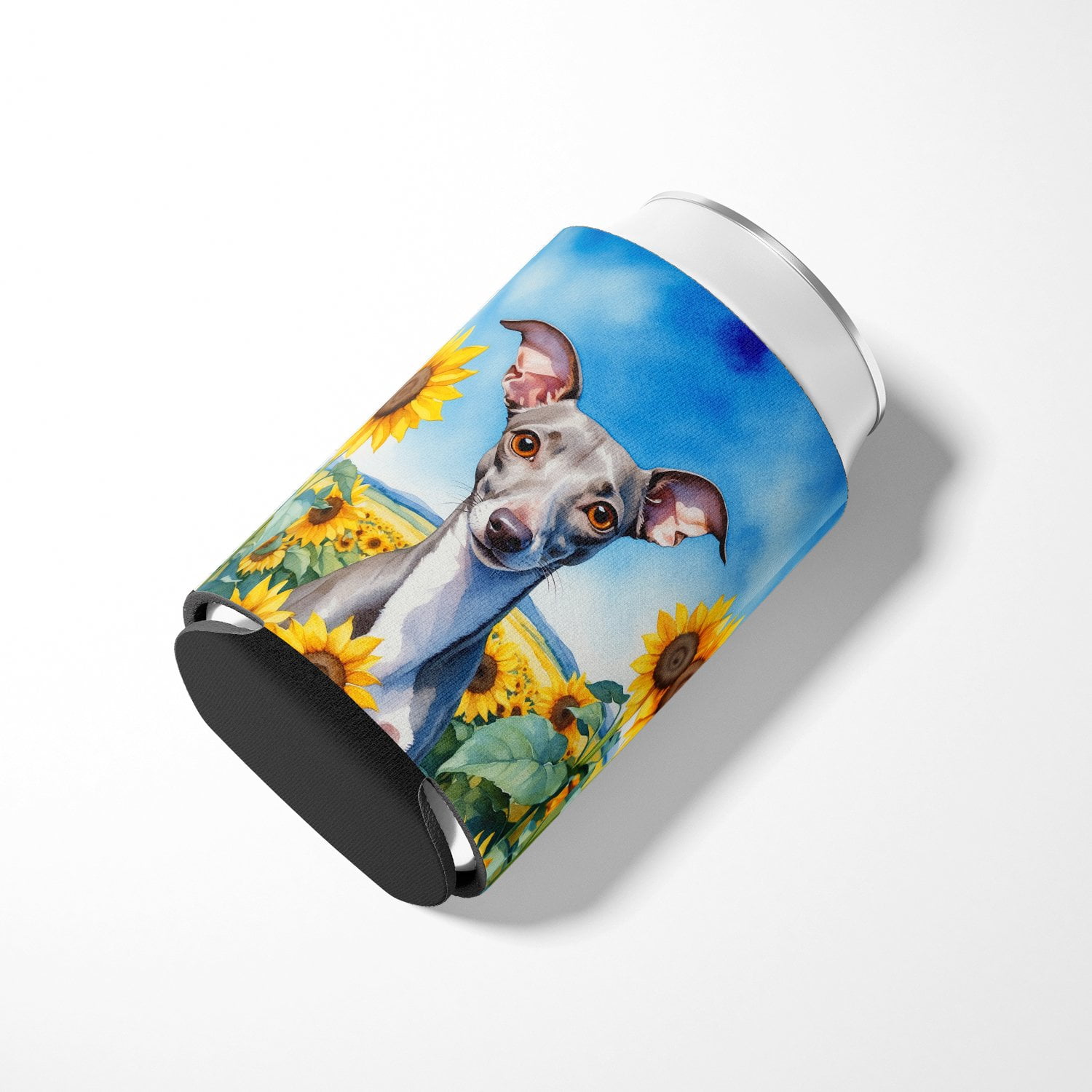 Italian Greyhound in Sunflowers Can or Bottle Hugger 3 in x 5 in