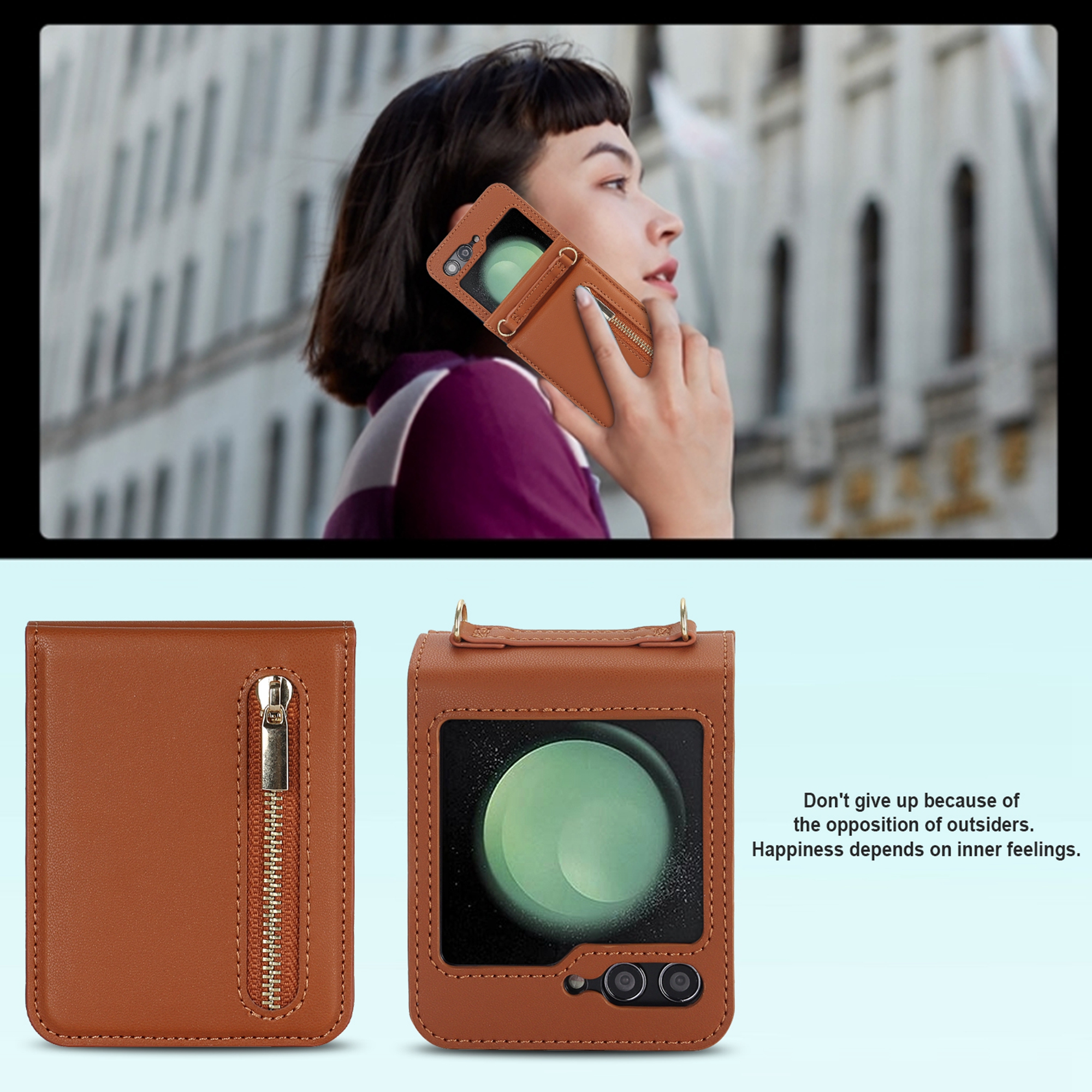 Decase for Samsung Galaxy Z Flip 5 Luxury Zipper Wallet Phone Case, Multi-Function Kickstand Card Holder Adjustable Fashion Flip Cover Case with Crossbody Strap for Samsung Z Flip 5 5G,Brown