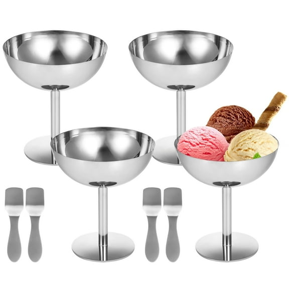 4 Pcs Stainless Steel Ice Cream Cups - High-footed Dessert Serving Bowls with Spoons, Reusable Round Yogurt Sundae Cups, Salad Snack Candy Globets, Fruit Pudding Sauce Bowls for Parties, Bars