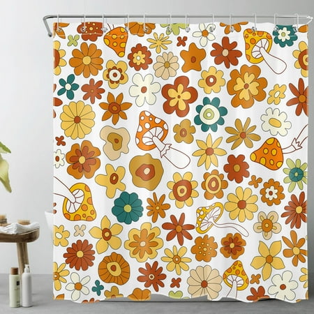 HVEST Vintage Boho Shower Curtain,Orange Red Flower and Mushroom on White Background Bathroom Shower Curtain Abstract Farmhouse Polyester Fabric Decor Curtain with Hooks, 72X78 inch