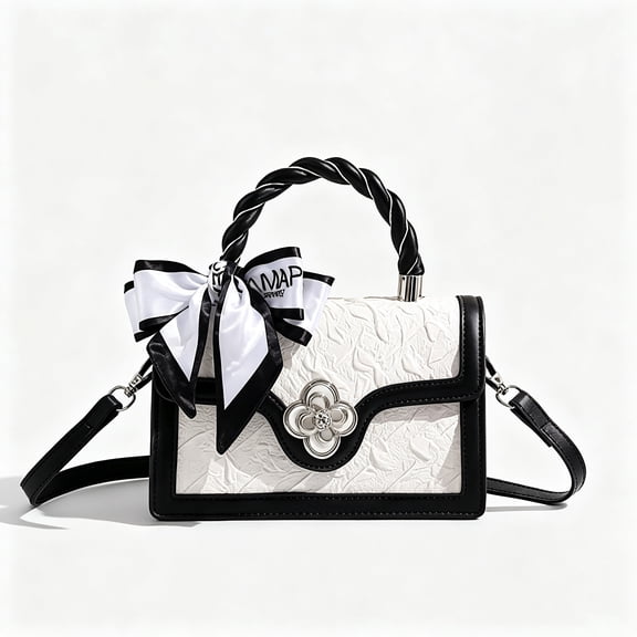 Wynndora Square PU Leather Handbag with Black Trim, Embossed Textured Floral Rhinestone Turn Lock Purse With Decorative Satin Scarf & Adjustable Detachable Crossbody Strap For Women