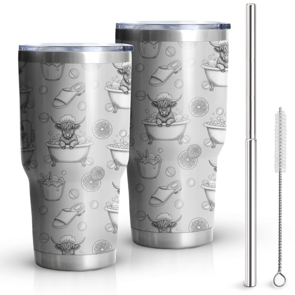 30oz Gray Highland Cow Bathtub Lemon Pattern Tumblers Stainless Steel Tumbler with Lid and Straw,Vacuum Insulated Double Wall Travel Tumbler Cups Mug with Cleaning Brush for Coffee,Tea