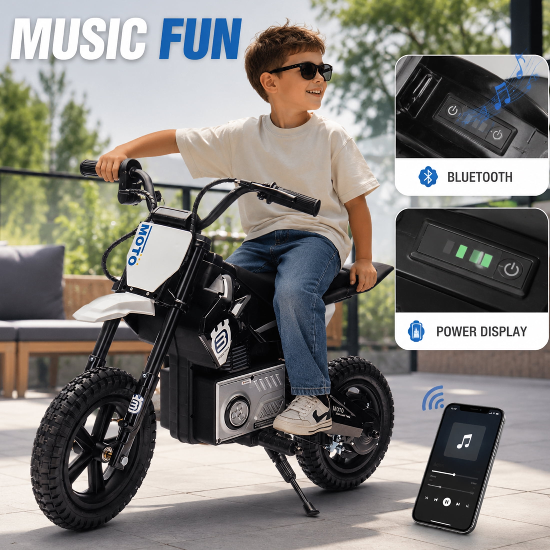 24V Kids Electric Motocross Motorcycle with Bluetooth Music - 200W Power, Rear Shock Absorber, LED Breathing Lights, Adjustable Speed up to 9.32 MPH - Powered Ride On Toy for Boys Girls Ages 5-15