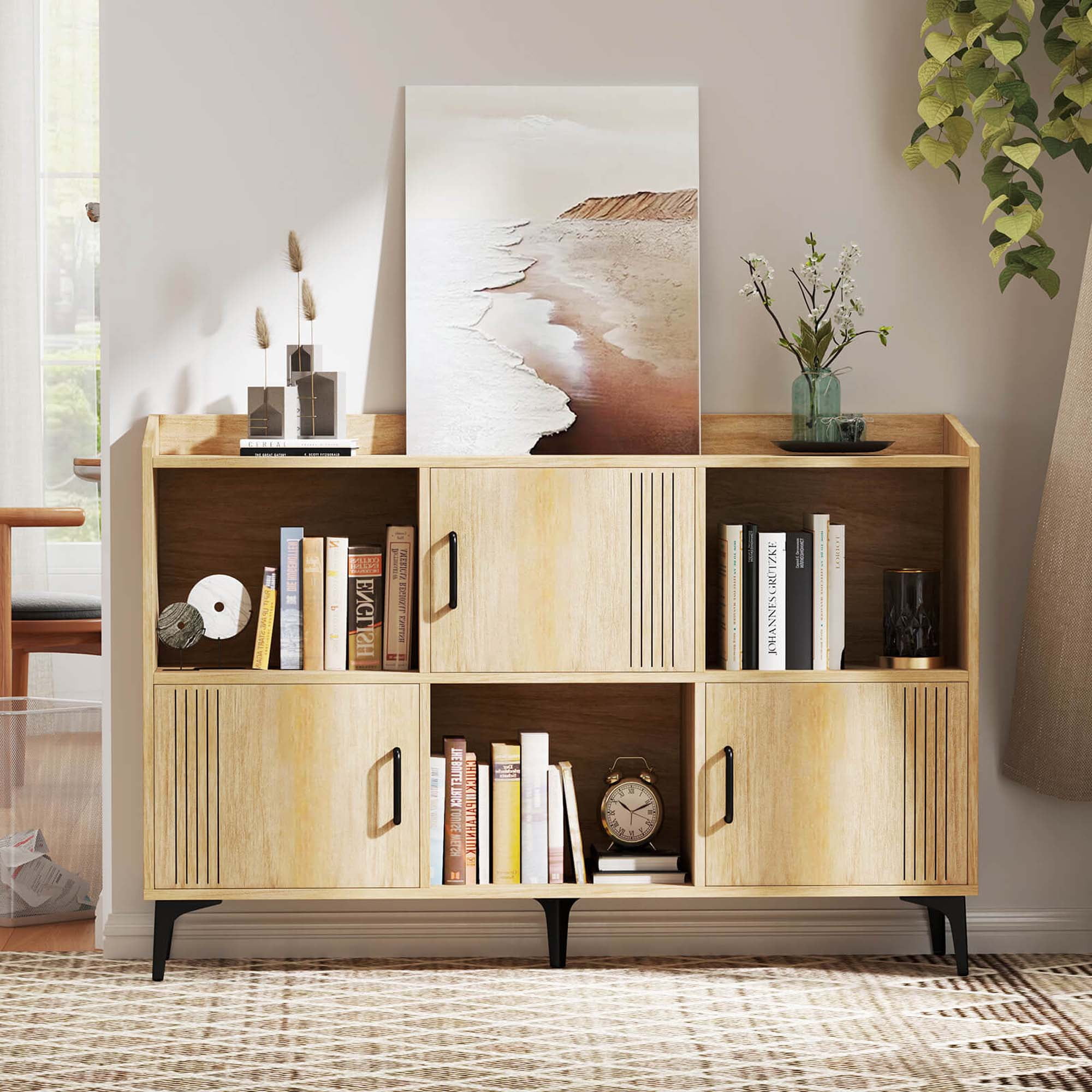 Costway 47" Wide Storage Cabinet Home Large Bookcase with 3 Door Cabinets & Open Shelves