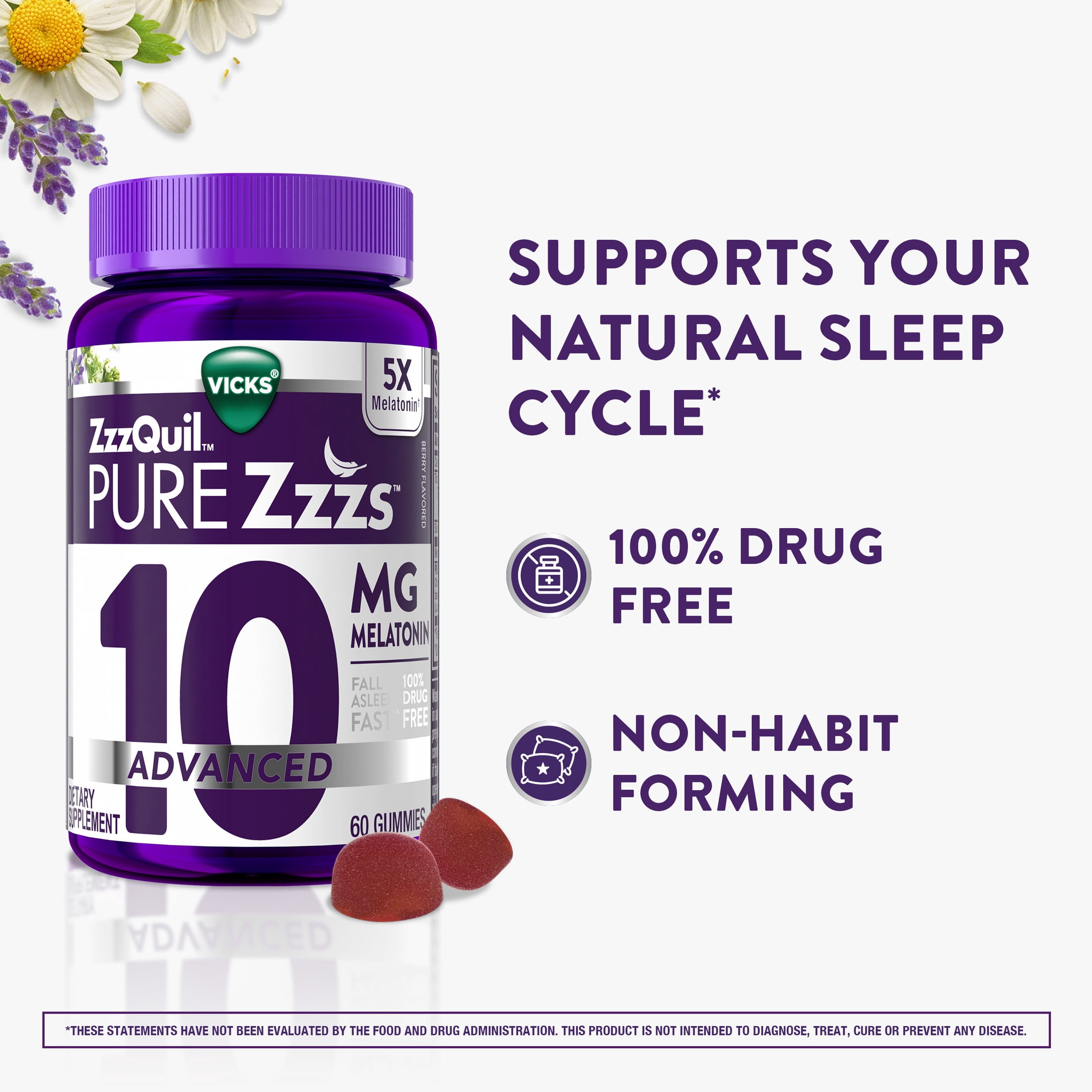 ZzzQuil PURE Zzzs Melatonin Advanced Sleep Aid Gummies, 10mg, Berry Flavored, 60 Count