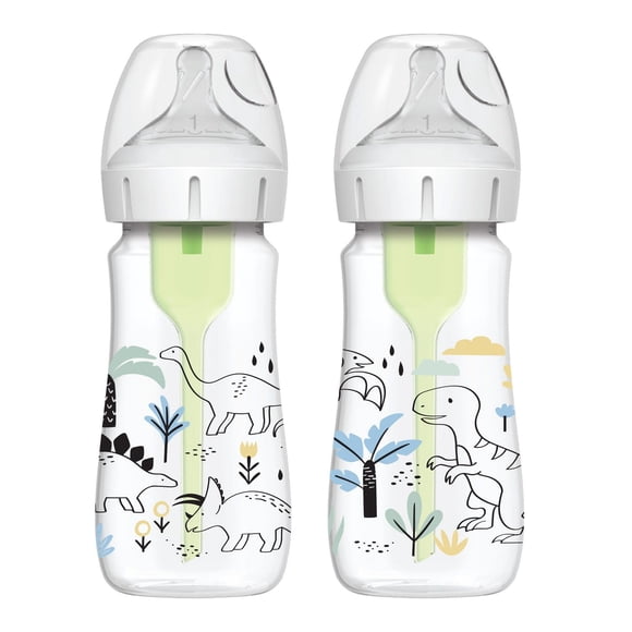 Dr. Brown's Natural Flow Anti-Colic Options+ Wide-Neck Baby Bottle Designer Edition Bottles, Dino Decos, 2x9oz Bottles, Level 1 Nipple