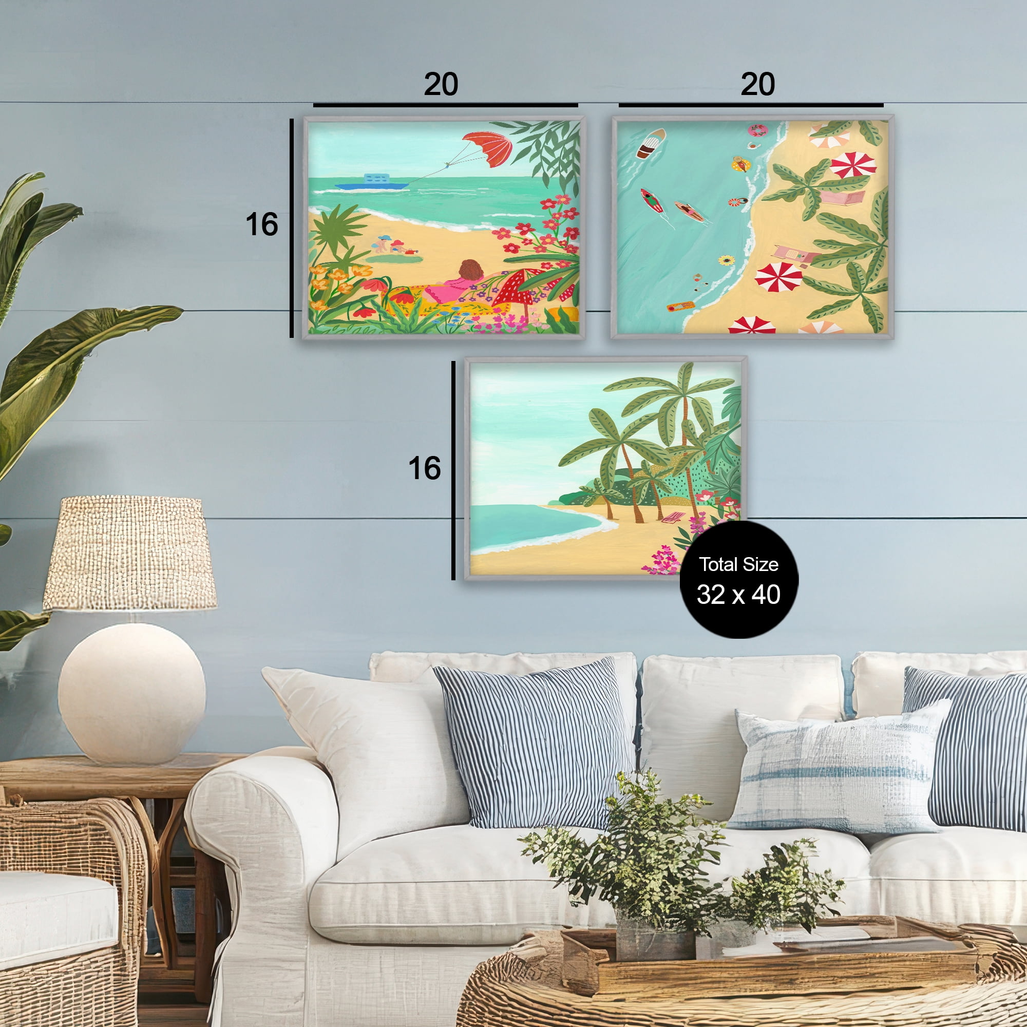 Busy Beach And Flowers 3 Piece Gray Framed Giclee Art Set, design by Nabeela Rumi