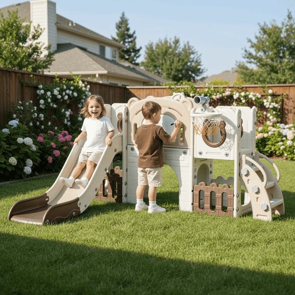 TLSUNNY Kids Climber Slide Set, with Graffiti board, Basketball Hoop, Telescope & Tunnel, Toddler Freestanding Indoor Outdoor Playset