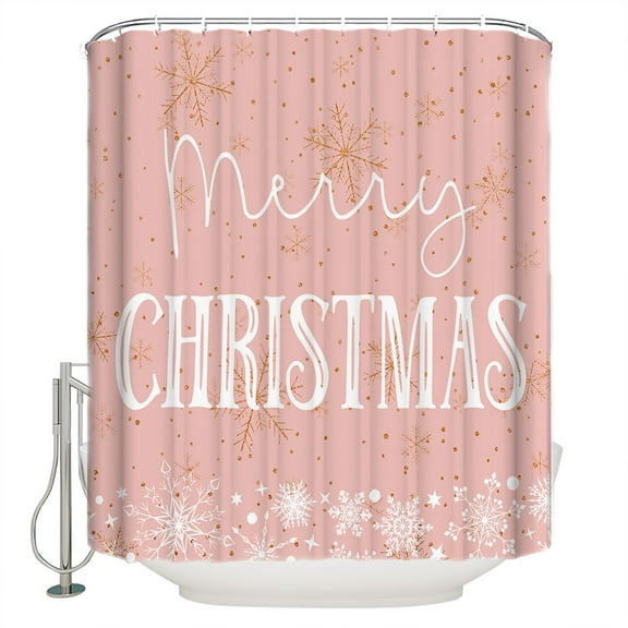 Hokiten Shower Curtain, Merry Christmas, Fabric Shower Curtains for Bathroom, Blush Pink Gold Winter Snowflake Bath Curtain Waterproof Bathtub Curtains with 12 Hooks, Standard 72" x 72"