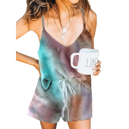 

Cindysus Ladies Casual V Neck Short Set Women Loose Fit Pajama Sets Tie Dye Print Holiday Polka Dot Sexy Tops+shorts