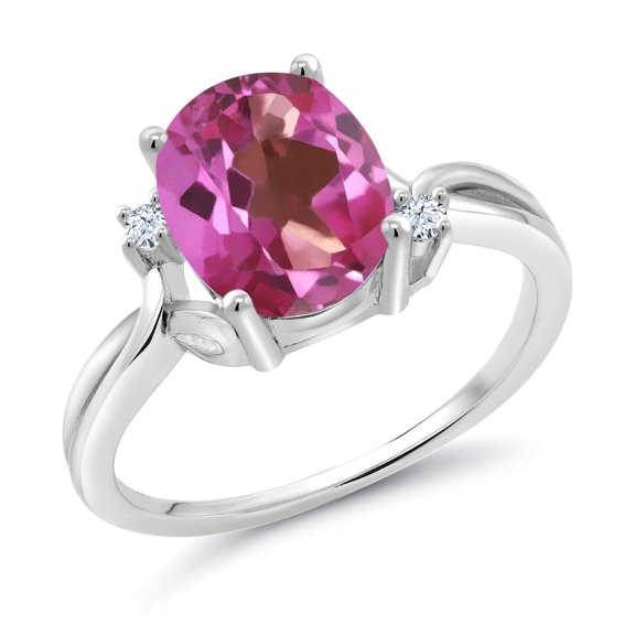 Gem Stone King 925 Sterling Silver Pink Mystic Topaz and White Created Sapphire 3 Stone Ring for Women (3.28 Cttw, Oval 10X8MM, Gemstone Birthstone, Size 8)