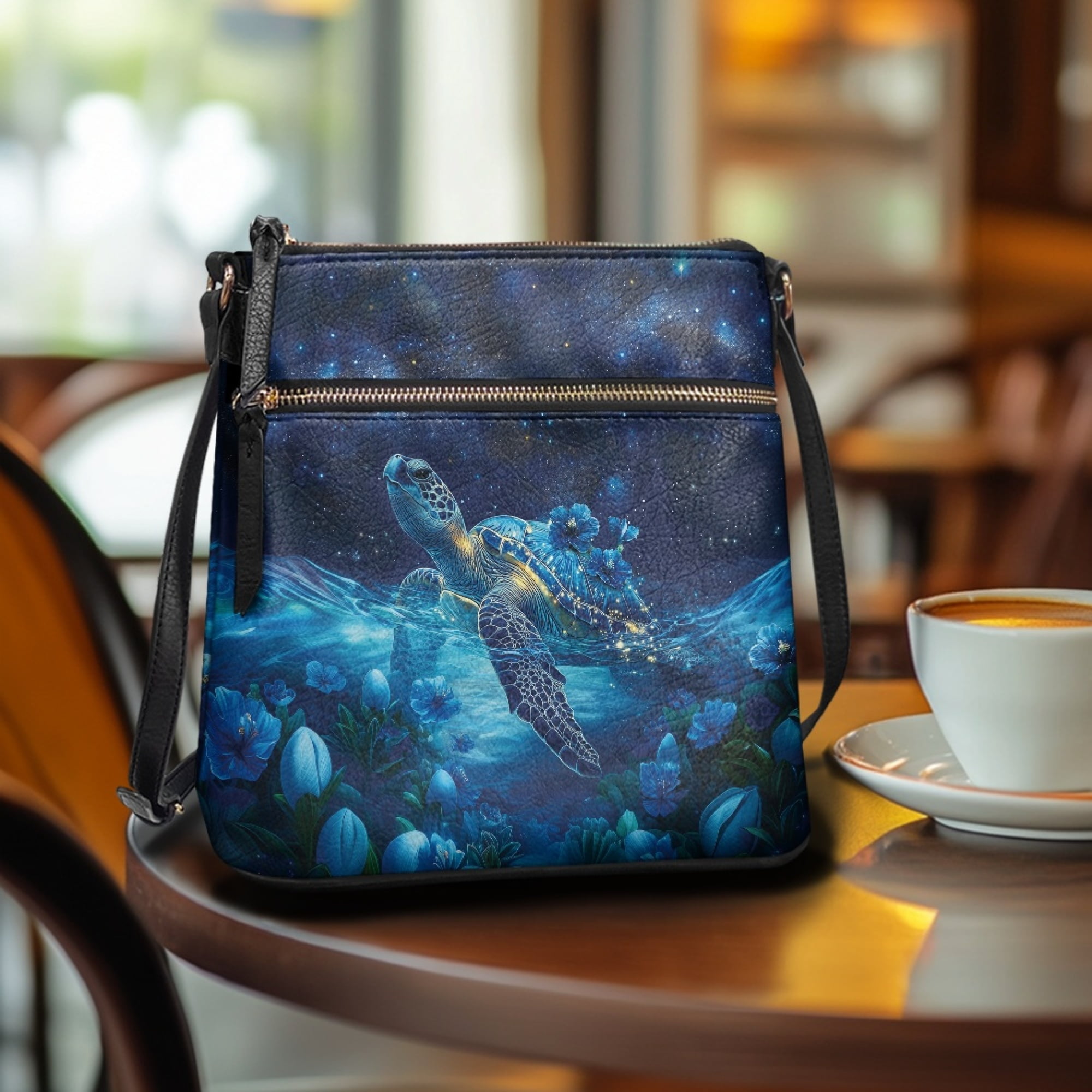 Kuiaobaty Sea Turtle Hibiscus Print Crossbody Bag for Women, Large Capacity Vegan Leather Sling Handbag Crossbody, Medium Size Messenger Purse with Adjustable Strap for Travel
