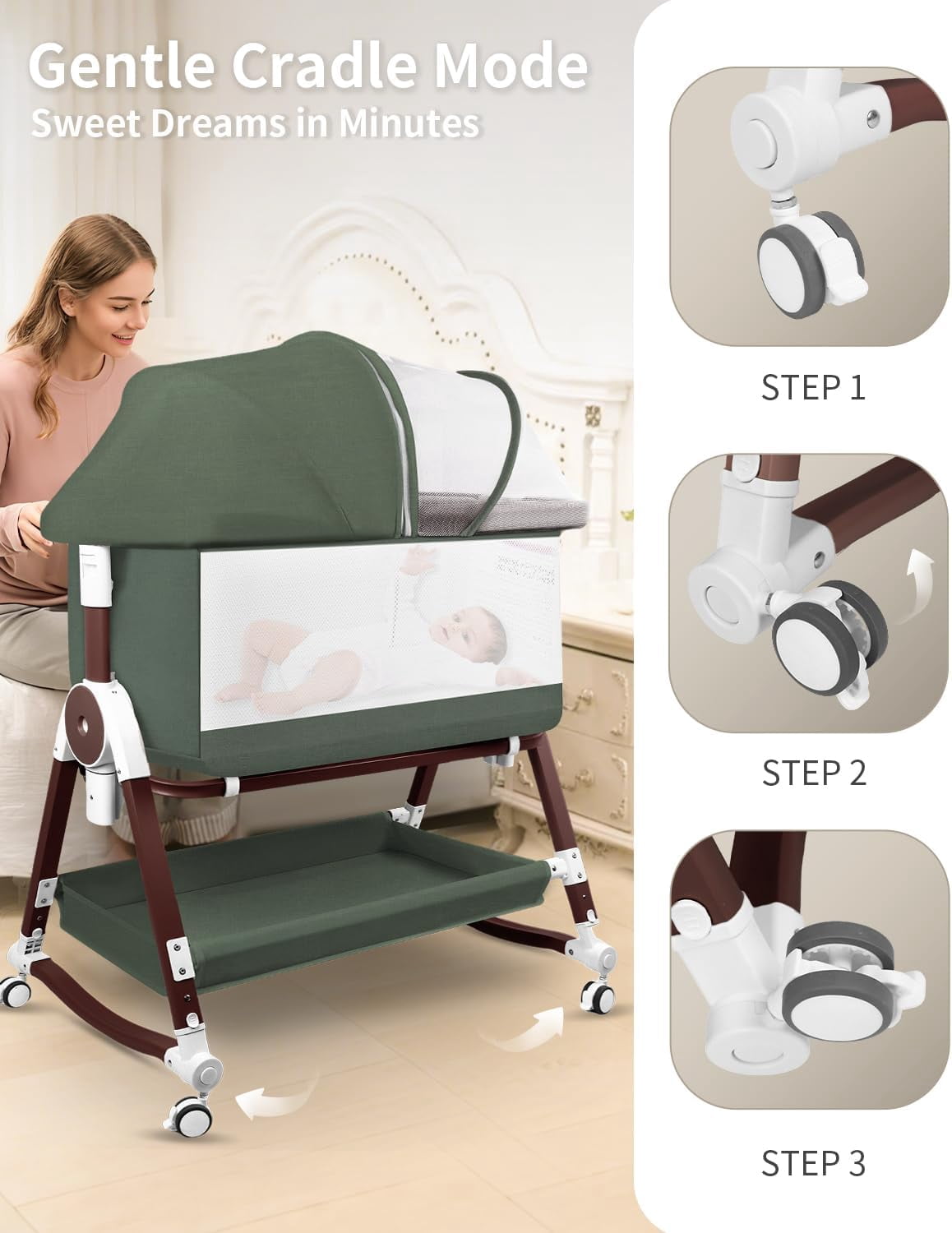 4 in 1 Baby Bassinet Bedside Sleeper W/ Wheels,Storage Basket,Adjustable 7 Heights,Mosquito Net,Breathable Mesh Cradle for Infants Toddler,Green
