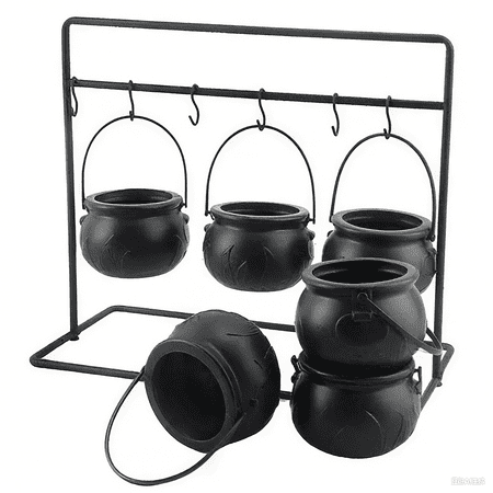 Halloween Decorations Indoor - Set of 6 Mini Witches Cauldron Serving Bowls on Rack - Halloween Party Decorations Halloween Candy Bowl Black Plastic Cauldron for Home Kitchen Decor