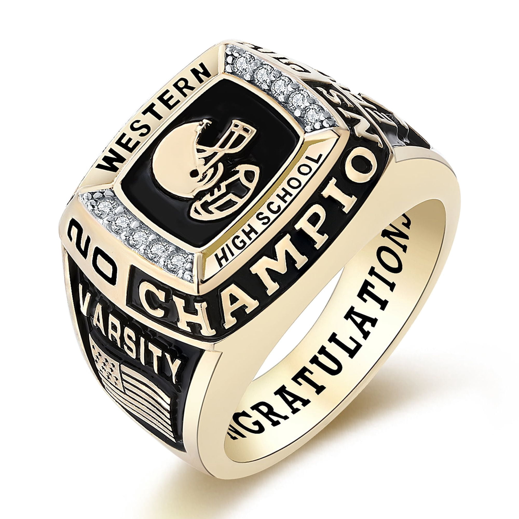 Mementos USA Custom Men's Class Rings Sterling Silver for High School and College-Gold-Champion