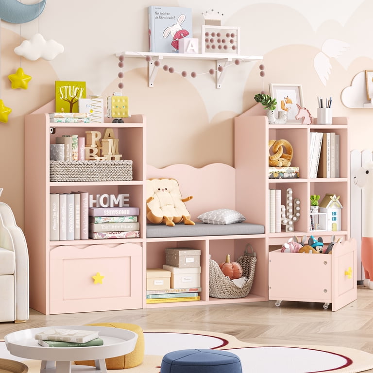 Homfa Kids Bookshelf with Reading Nook, Kids Toy Storage Cabinet