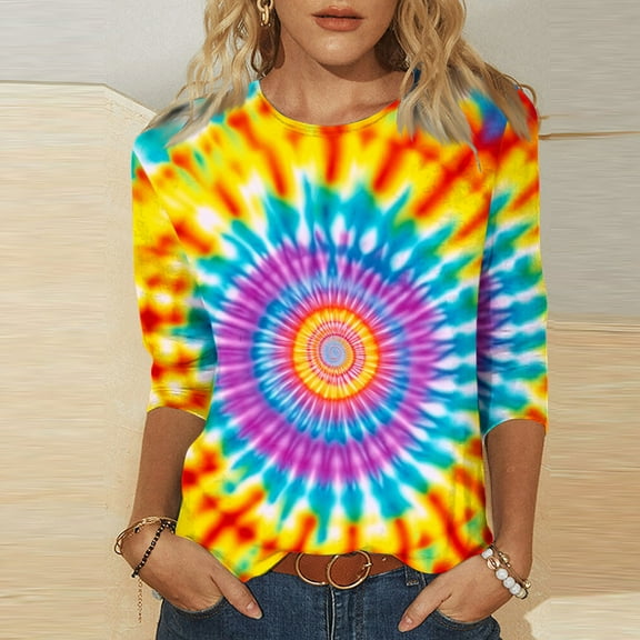 Womens Summer Tops under $5! Xqxayjr Womens 3/4 Sleeve Tops Crewneck Dressy Casual Basic Graphic Blouse Tie Dye Hippie Summer Short Sleeve Cute Plus Size Tunics Outfits Clothes