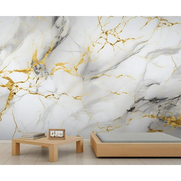 Black And White Marble Texture 3D Wall Murals Wallpaper, Abstract Golden Cracks Wall Poster Murals, Wall Painting Art Wallpaper For Living Room And Bedroom 55"W x 28"H (Not Peel and Stick)