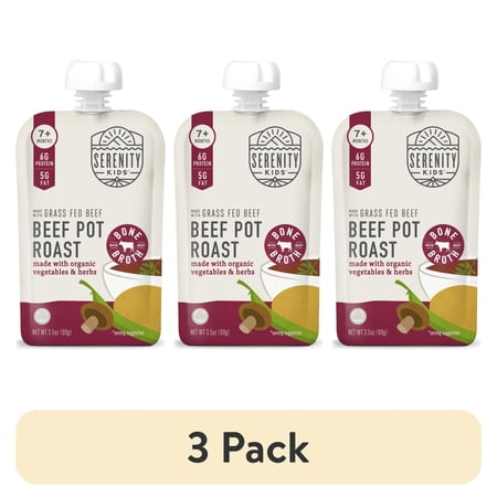 (3 pack) Serenity Kids Grass Fed Beef Pot Roast Stage 2 Baby Food Organic Veggies Herbs & Bone Broth, 3.5oz Pouch