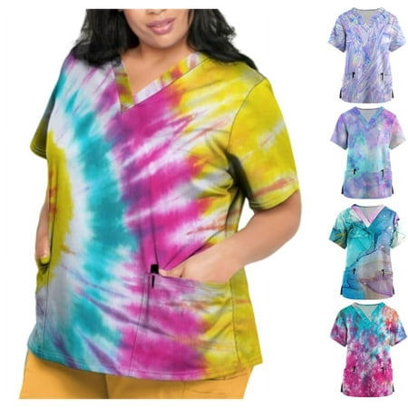 

Sksloeg Scrub Tops Women Clearance Vintage Clothes Print Top Comfort Scrubs Women s V-Neck Workwear Shirts Nursing Working Uniform Gold 2XL