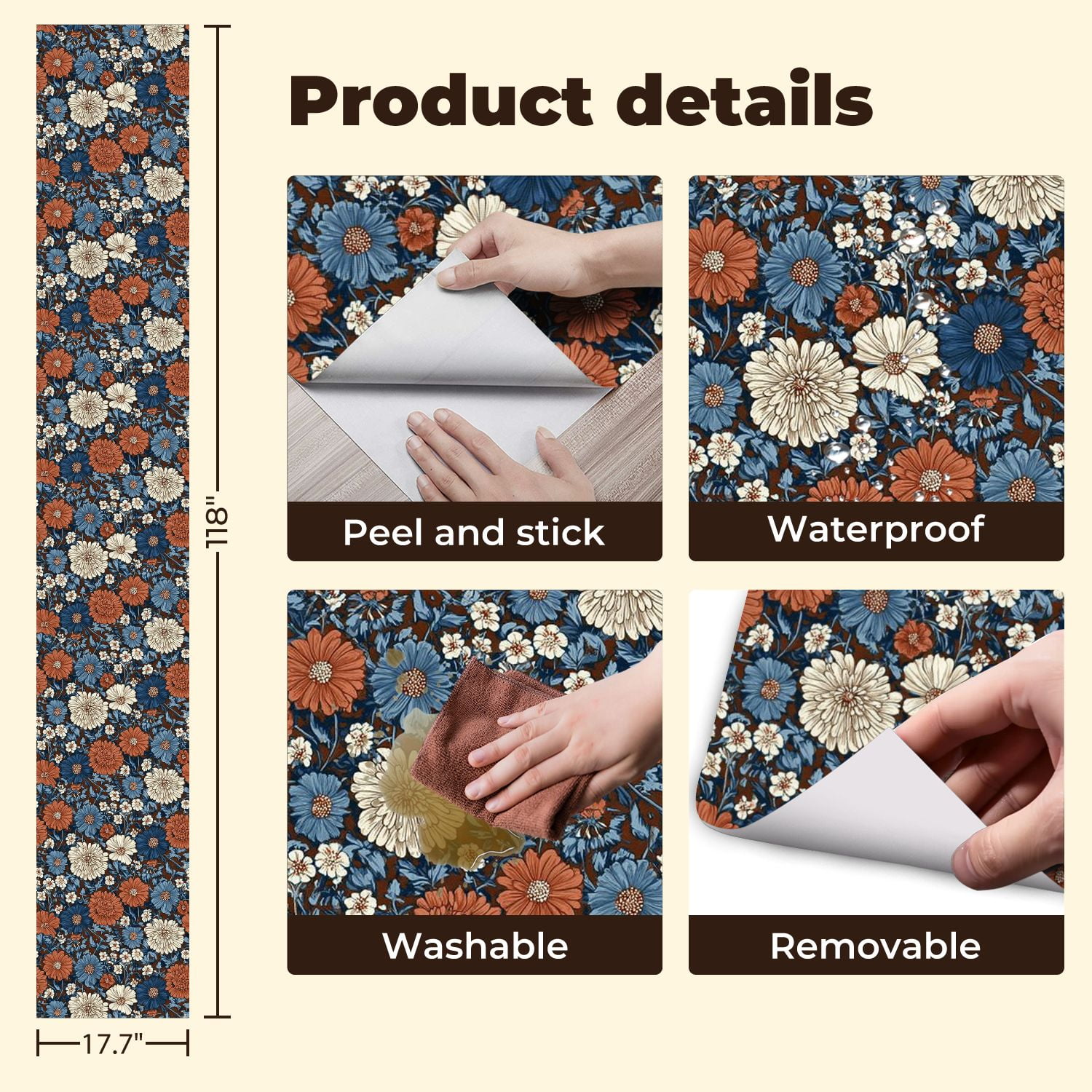 Peel and Stick Wallpaper 17.7in x 9.8ft Dark Brown Blue Vintage Floral White Accents Contact Paper Vinyl Self-Adhesive Removable Wall Paper for Bedroom Nursery Bathroom Renter Friendly