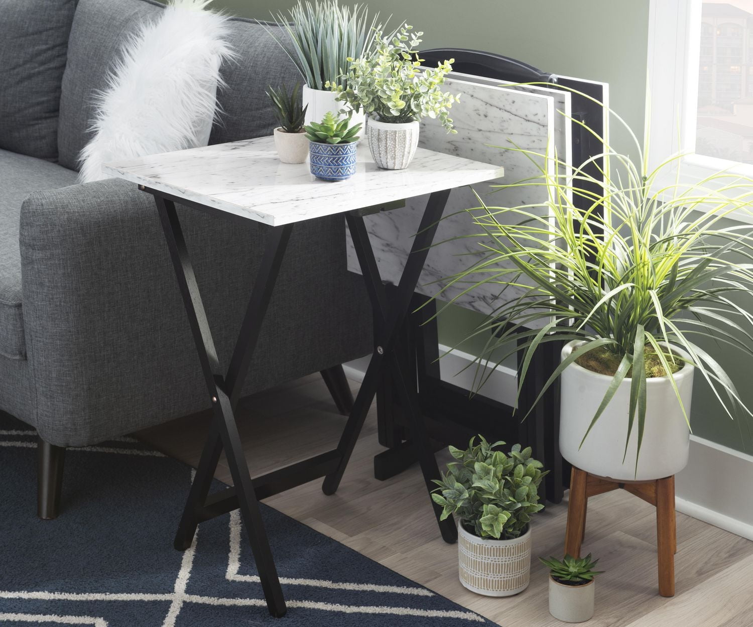 Giles White Faux Marble Tray Table Set