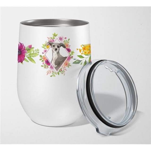 Carolines Treasures CK4230TBL12 12 oz Lévrier Italien Fleurs Roses Acier Inoxydable Verre à Vin Sans Tige