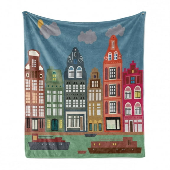 Amsterdam Soft Flannel Fleece Blanket, Urban Cityscape Colorful European Houses and Ships in the Capital of Netherlands, Cozy Plush for Indoor and Outdoor Use, 70" x 90", Multicolor, by Ambesonne