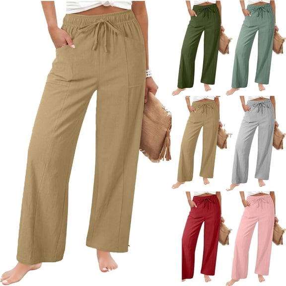 Antqov Cotton Linen Pants Women Wide Leg Drawstring Elastic Waist Flowy Boho Summer Pants with Pockets Khaki L