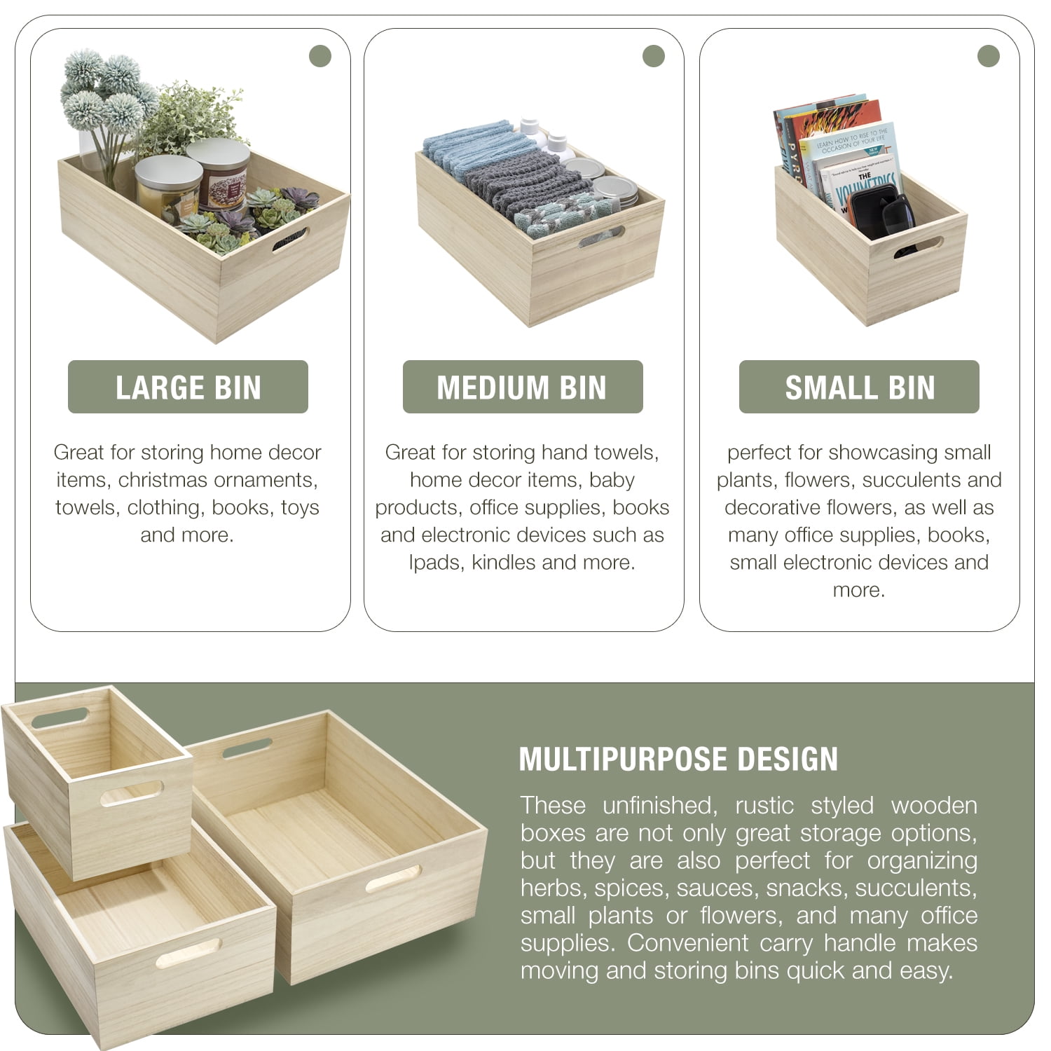 Sorbus Wooden Box for Pantry Cabinet Organizer, Natural, 3 Count