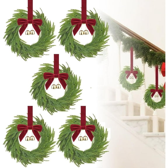 JEWLALO 2Pcs Mini Christmas Wreaths for Cabinets, 12 Inch Small Christmas Wreaths with Red Velvet Ribbon, Pine Cones & Berries, Snowy Cedar Candle Rings for Fireplace Window Home Decorations