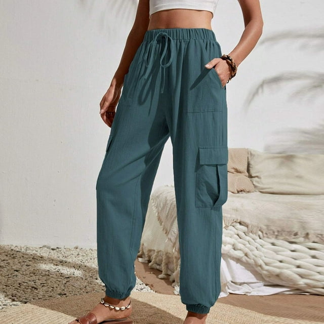 Women Fashion Casual Solid Color High Waist Casual Pants Pocket Side Drawstring Hem Cargo Pants Womens Casual Pants plus Casual Pants for Women with Pockets Womens Pants Straight Leg Womens Casual