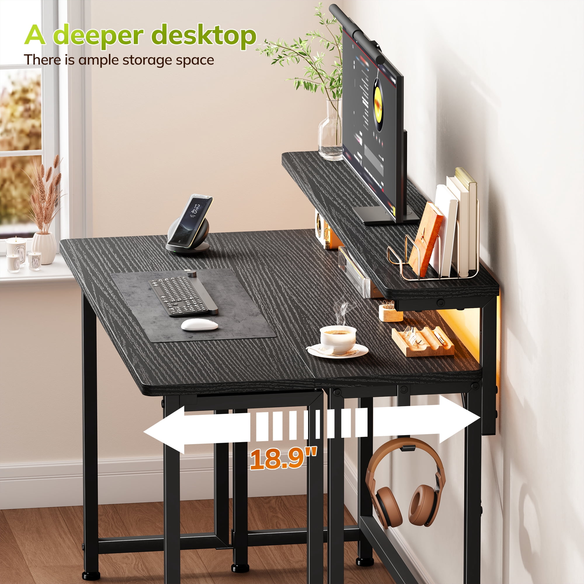 Romorgniz 31.5"D Folding Desk with Monitor Stand, Computer Desk with LED Lights & Hooks, Office Desk for Bedroom, Black