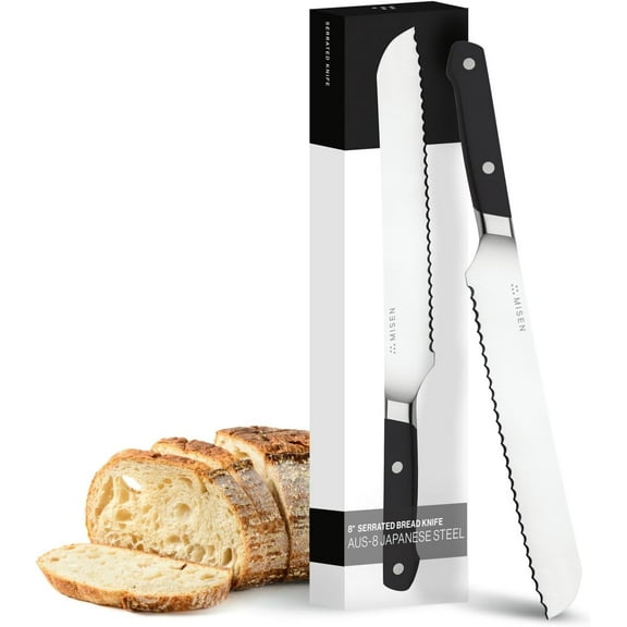 Misen Serrated Bread Knife – High-Carbon Japanese AUS8 Steel – Effortless Slicing of Bread, Pastries, and Fruits – - Edge and Durable Blade with Ergonomic Handle - 8", Black